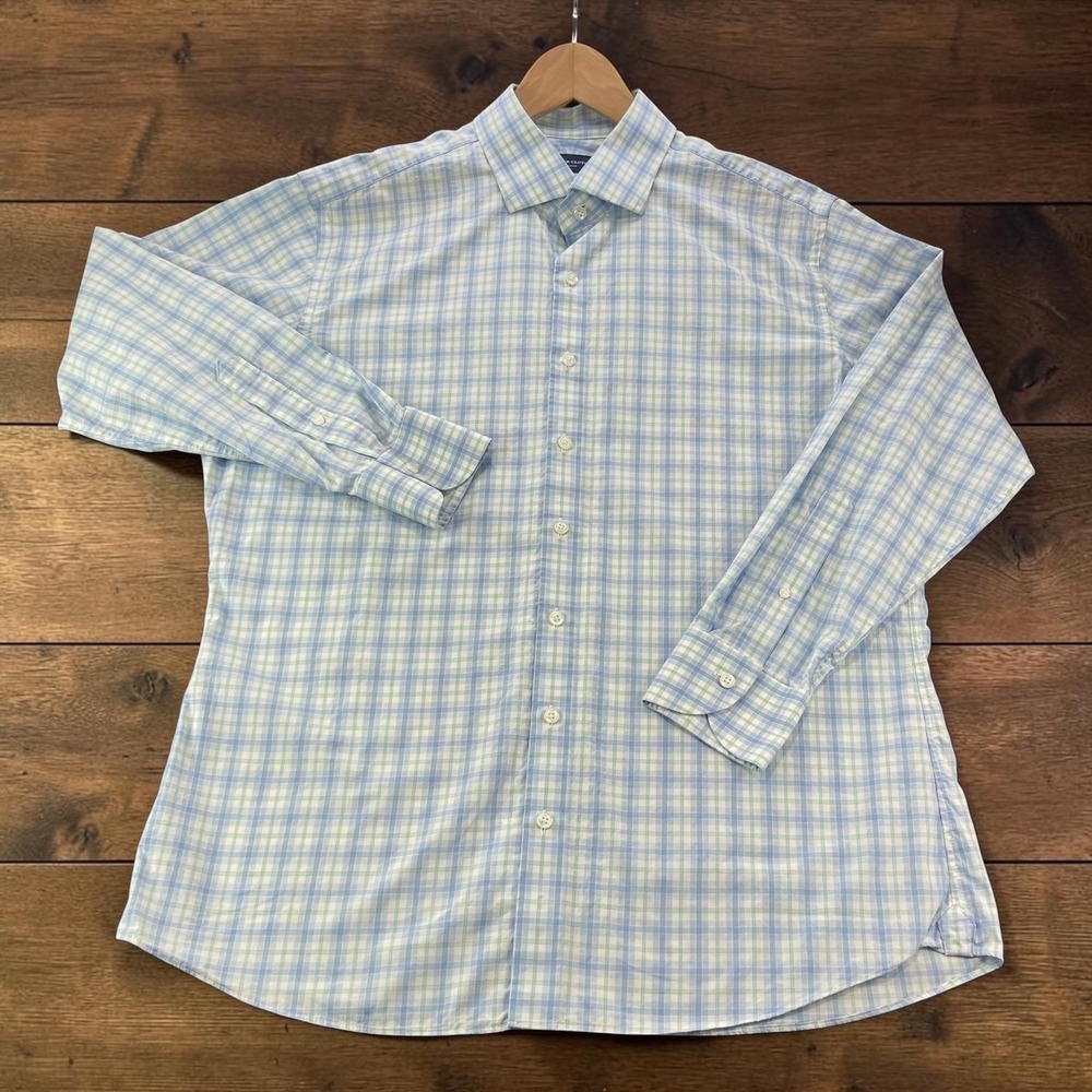 Proper Cloth Mens Blue Green Plaid Cotton Button Down Shirt 17.5 XL Long Sleeve